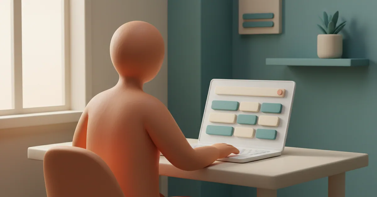 Clay-rendered customer browsing a glowing self-service portal on a laptop in a calm workspace