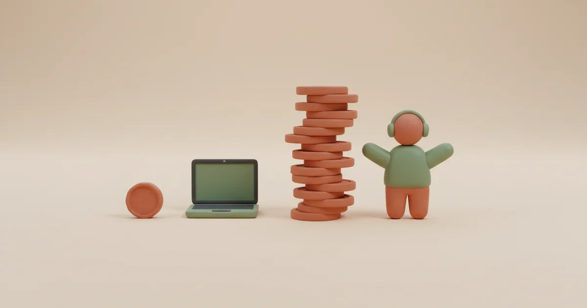 Clay infographic comparing tiny coin for self-service cost versus stack of coins for agent cost