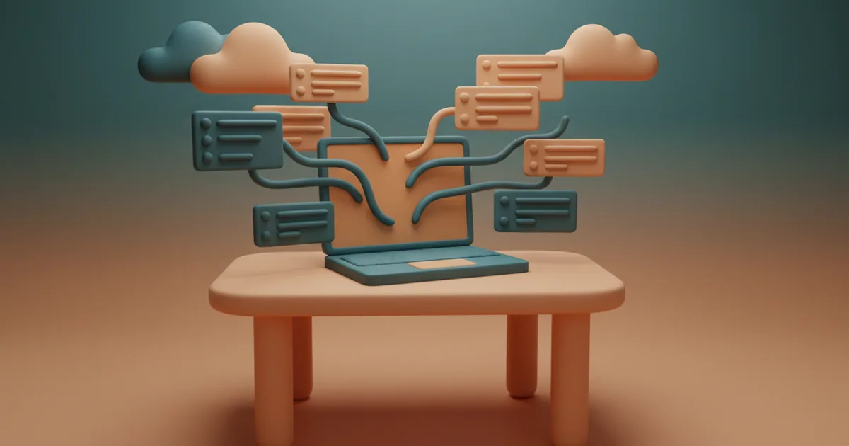 Clay-rendered developer workspace with laptop showing connected code branches flowing to organized task cards