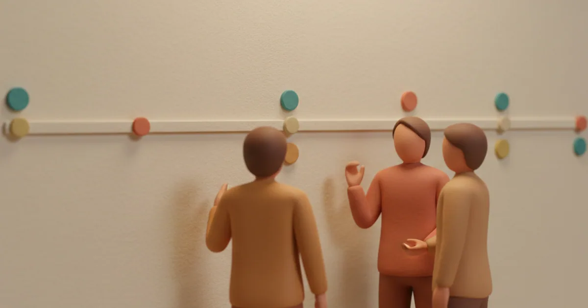 Clay-rendered product team gathered around a large visual timeline showing planned software features