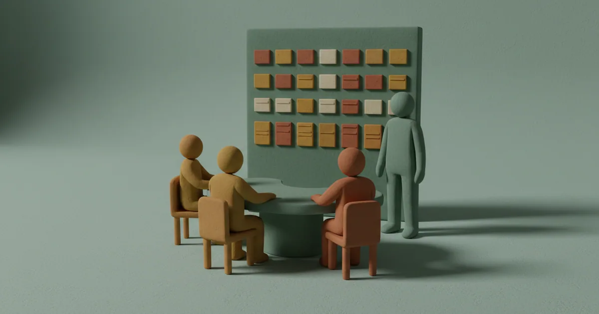 Clay figure of a product manager presenting a prioritized feature board to seated teammates