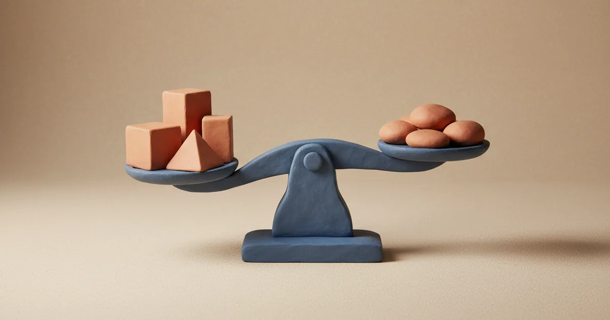 Clay-rendered balance scale with detailed items on one side and abstract shapes on the other