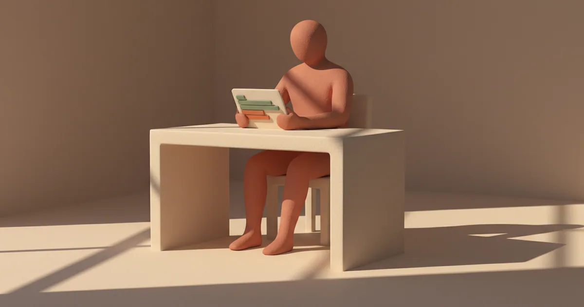 Clay-rendered person thoughtfully reviewing survey responses on a tablet in a calm workspace