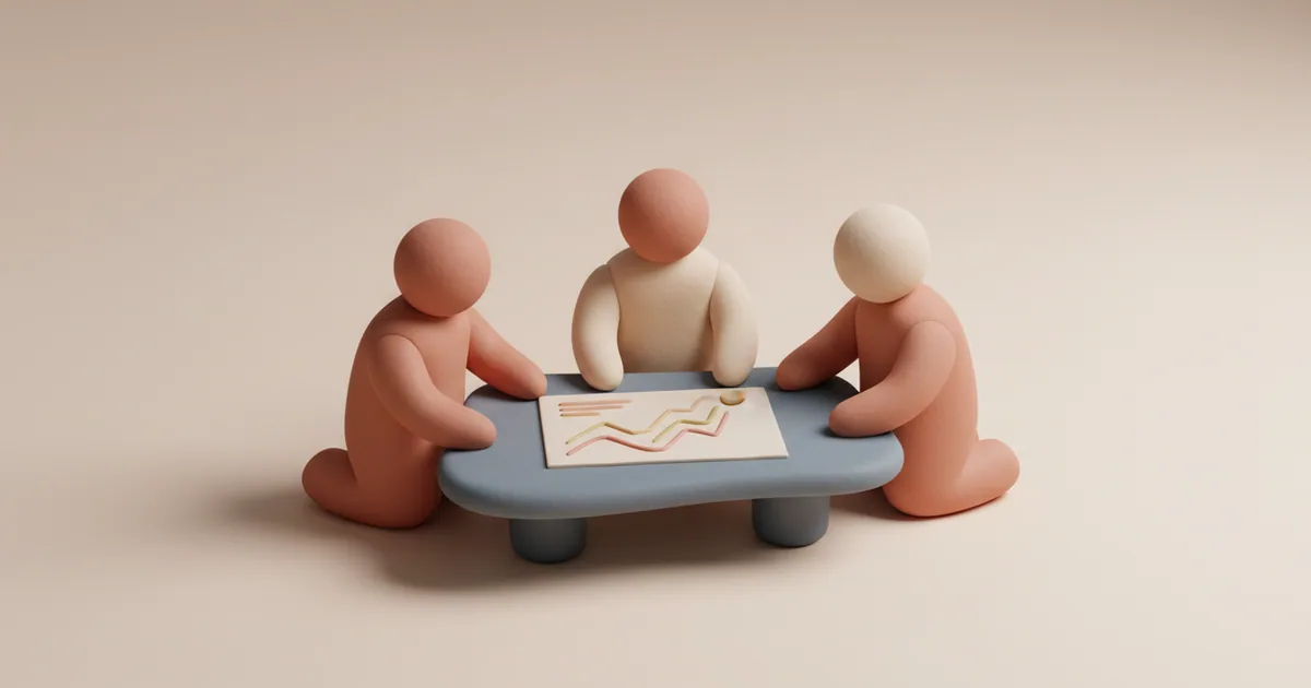 Clay-rendered team members gathered around a table analyzing feedback data together