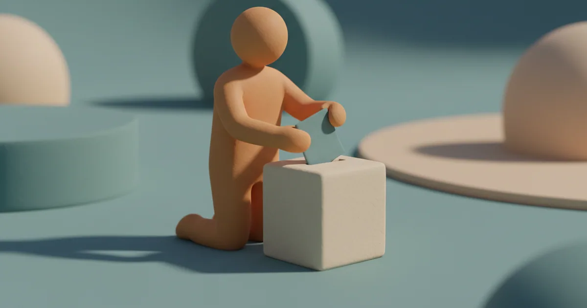 Clay-rendered figure placing a folded note into a minimalist suggestion box