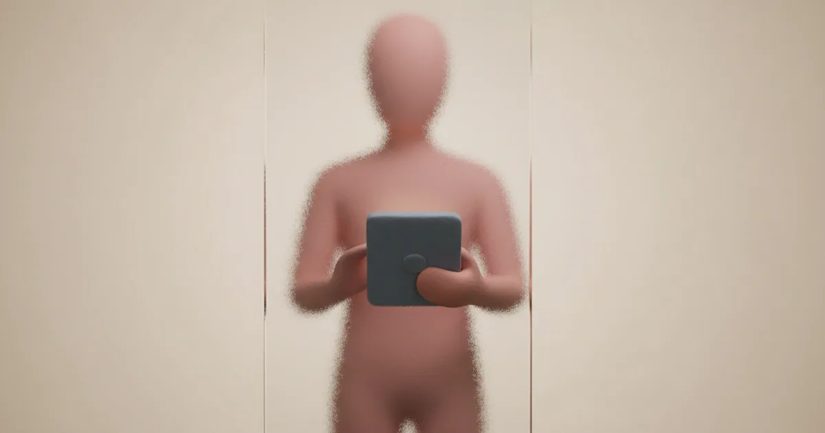 Clay figure behind a frosted privacy screen submitting feedback on a tablet
