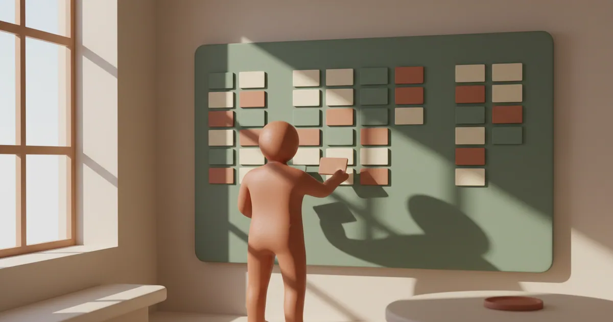 Product manager arranging colorful roadmap cards on a wall-mounted timeline board
