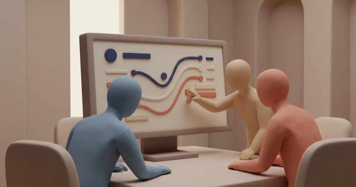 Three team members looking at different roadmap formats displayed on a shared screen