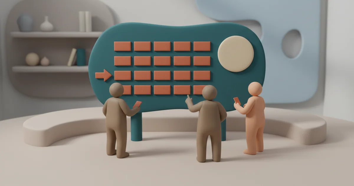 Clay-rendered product team gathered around a central project board organizing work into a unified plan