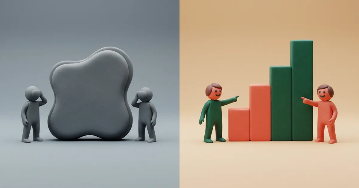 Split comparison showing vague status update versus concrete progress example with specific metrics