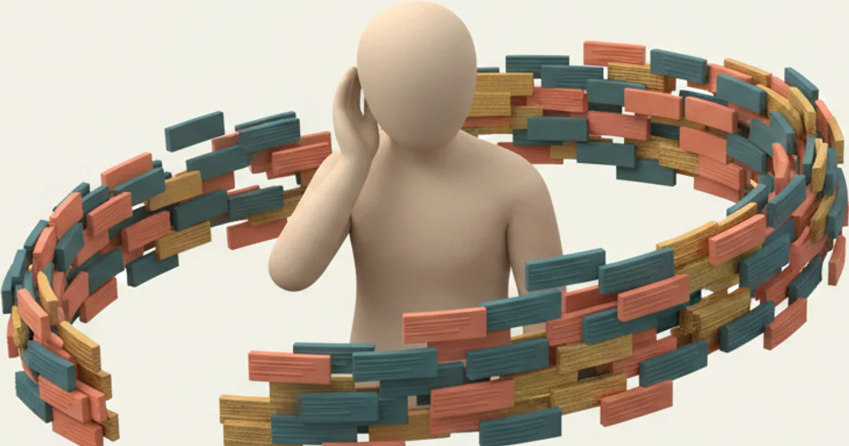 Clay-rendered figure listening intently while surrounded by flowing streams of feedback cards