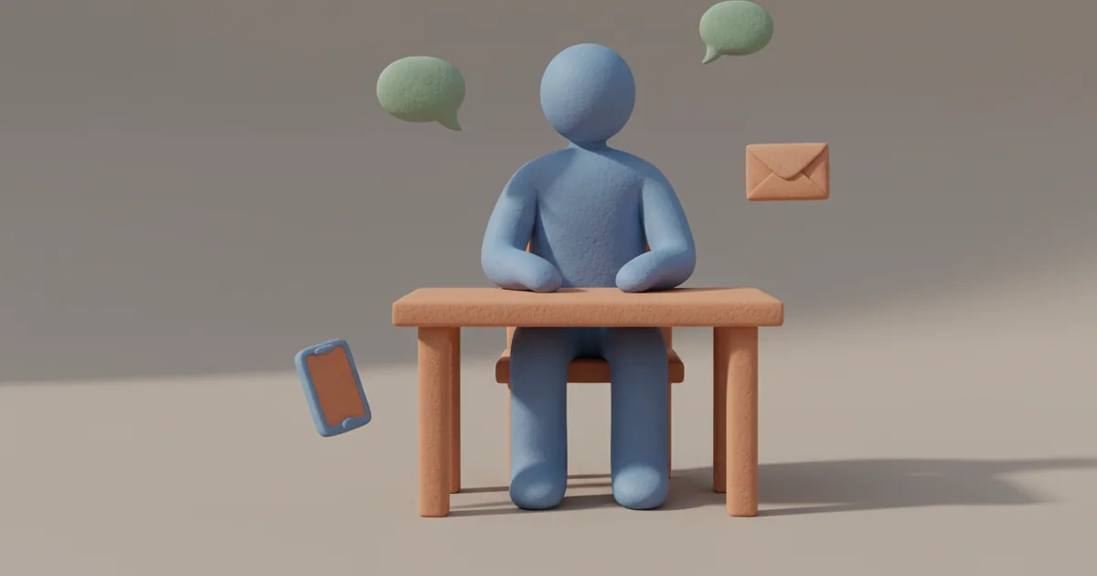 Clay figure at desk receiving feedback from multiple simplified communication channels