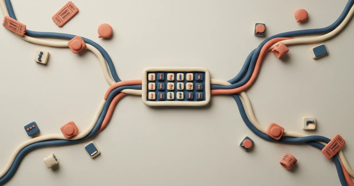 Overhead view of clay feedback cards from diverse sources funneling into single organized system