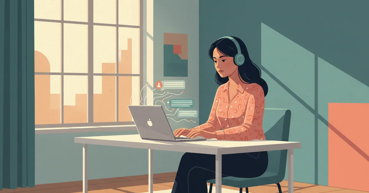 Customer support agent reviewing AI chatbot responses on a laptop in a modern office