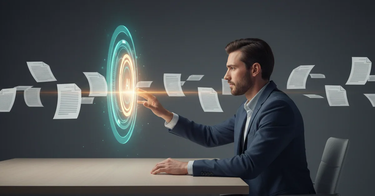 Editorial illustration of a person at a desk with documents flowing into a glowing AI interface
