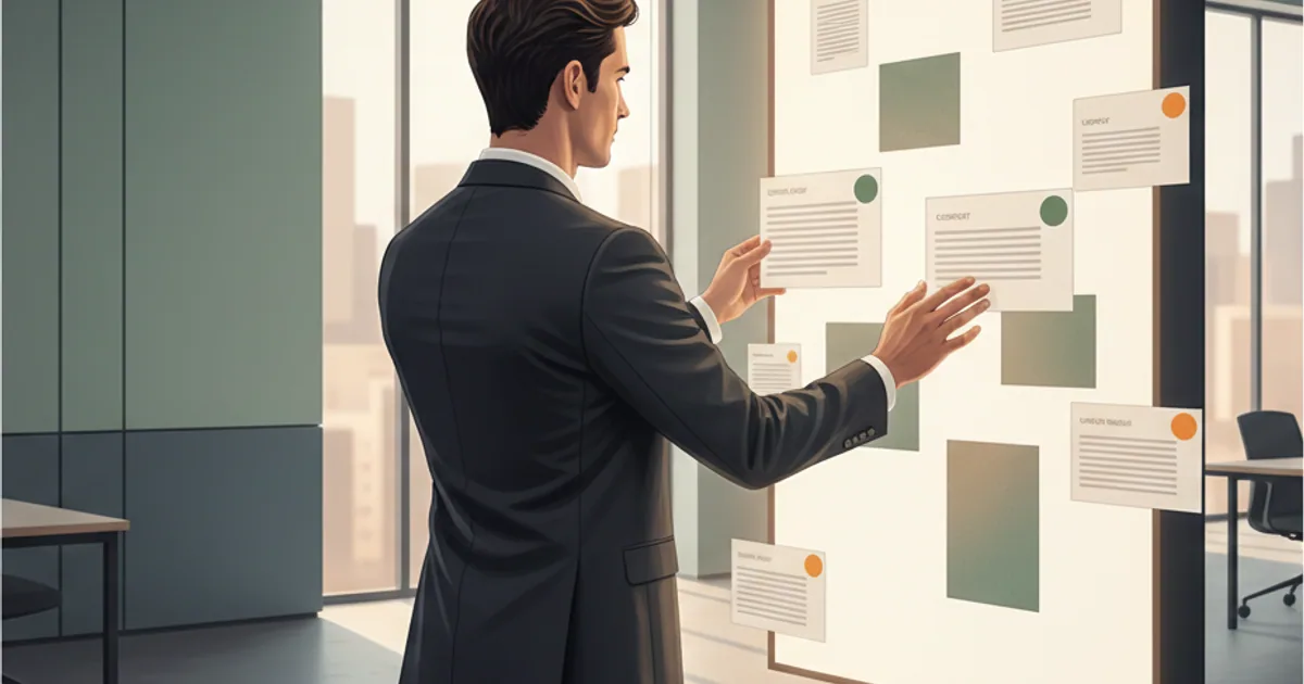 Professional reviewing and organizing digital documents with version indicators and update markers