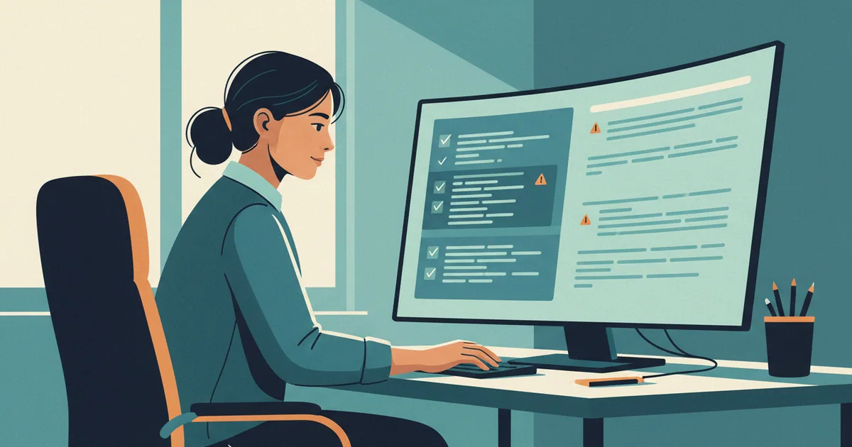 Quality assurance specialist reviewing AI chatbot responses on a monitor in a modern office