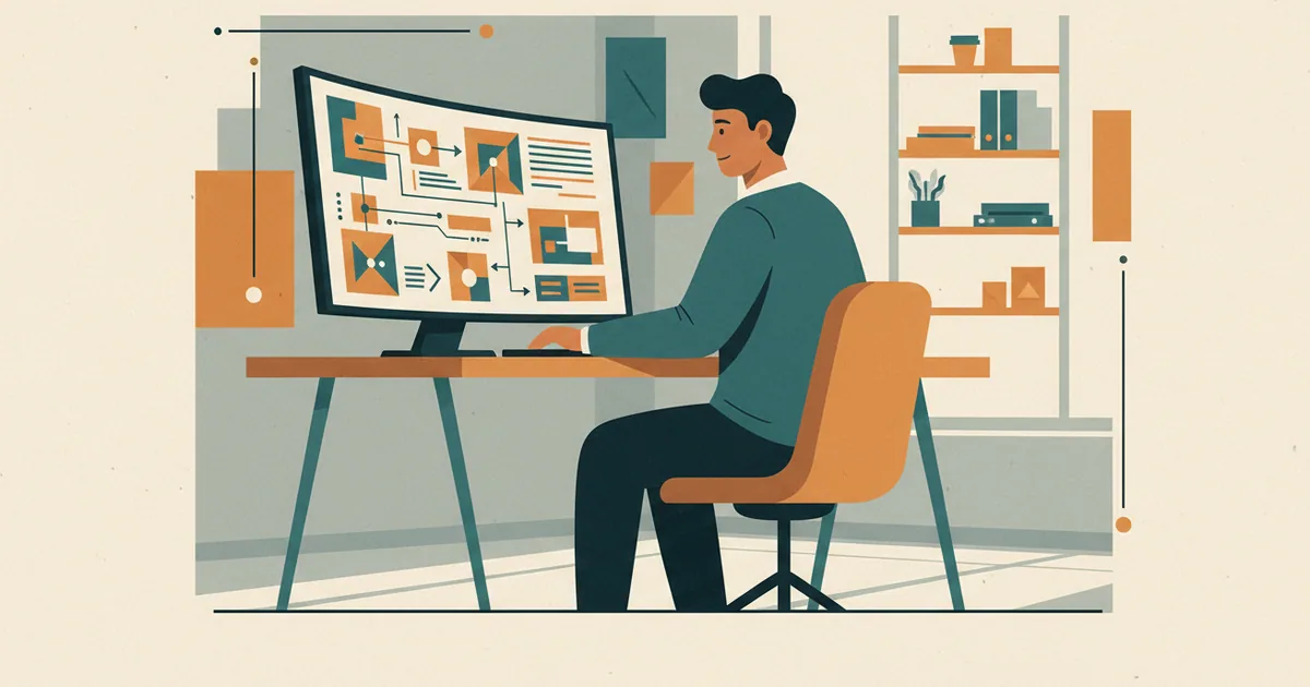Operations manager at a modern desk reviewing workflow diagrams on a large monitor