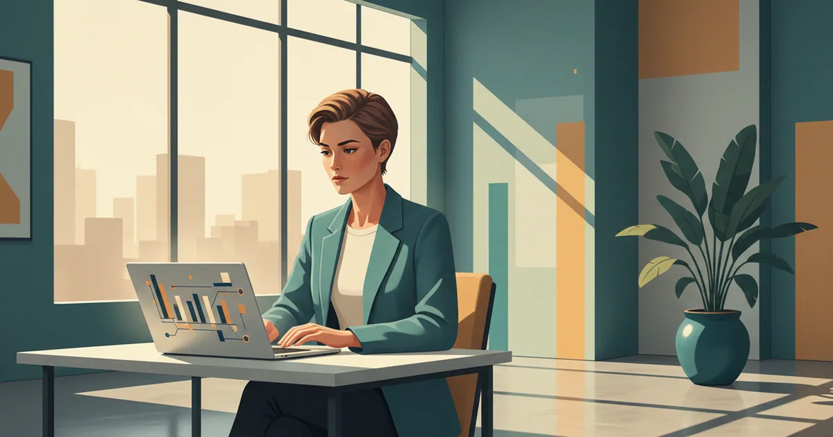 Marketing analyst studying SEO data on laptop screen in modern office setting