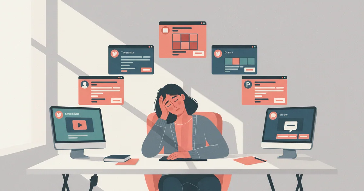 Overwhelmed marketer surrounded by multiple device screens showing different social platforms