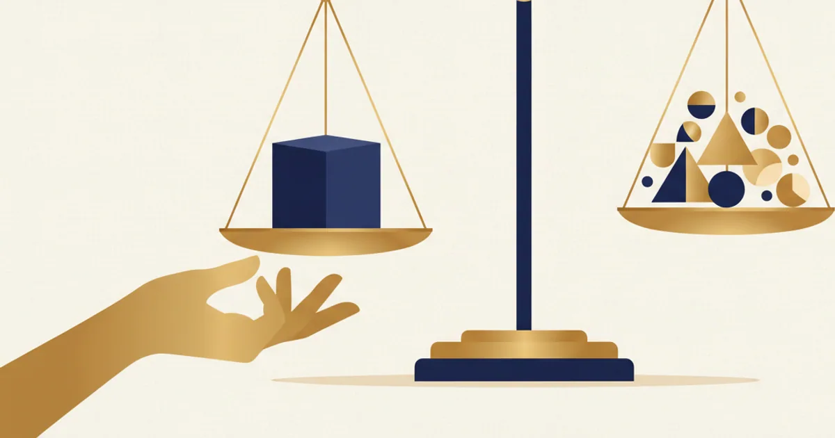 Clean infographic showing a balance scale weighing simplicity against feature depth