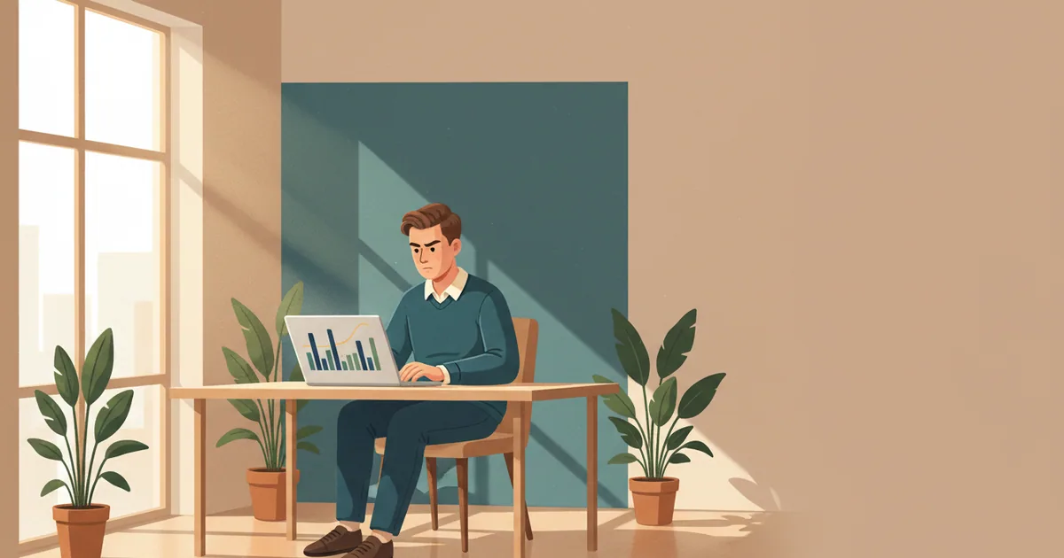 Content strategist studying keyword data on laptop screen in bright modern office