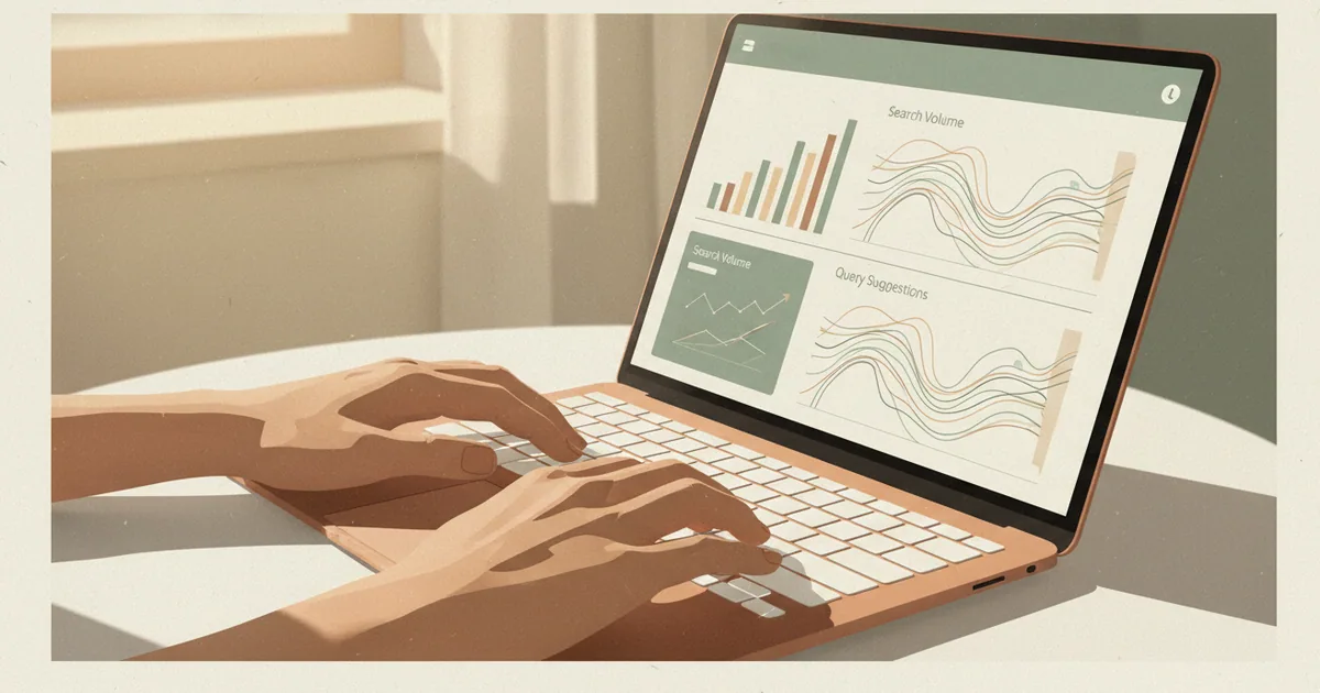 Hands typing on keyboard with browser showing search volume data and related queries