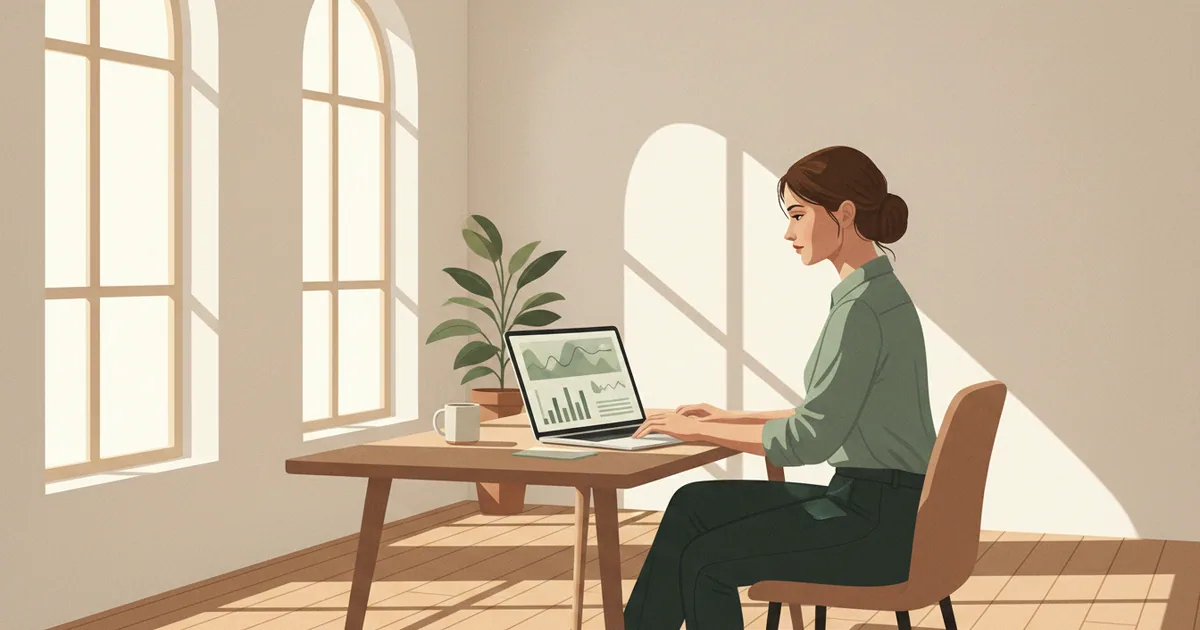 Writer at a desk reviewing analytics on a laptop with morning light streaming through windows