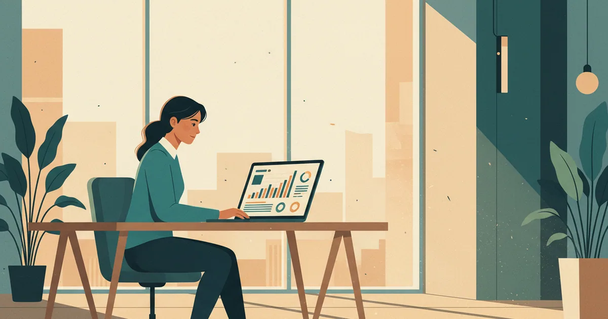 Marketing professional analyzing keyword data on a laptop in a modern office with warm afternoon light
