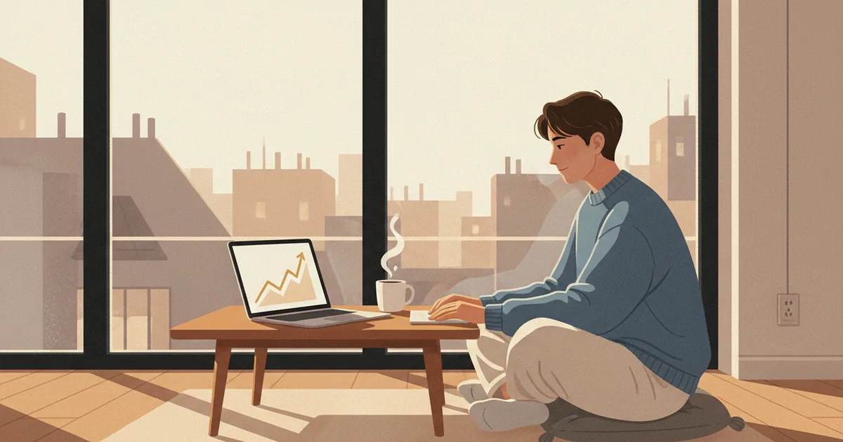 Freelancer working from bright apartment with laptop showing revenue dashboard