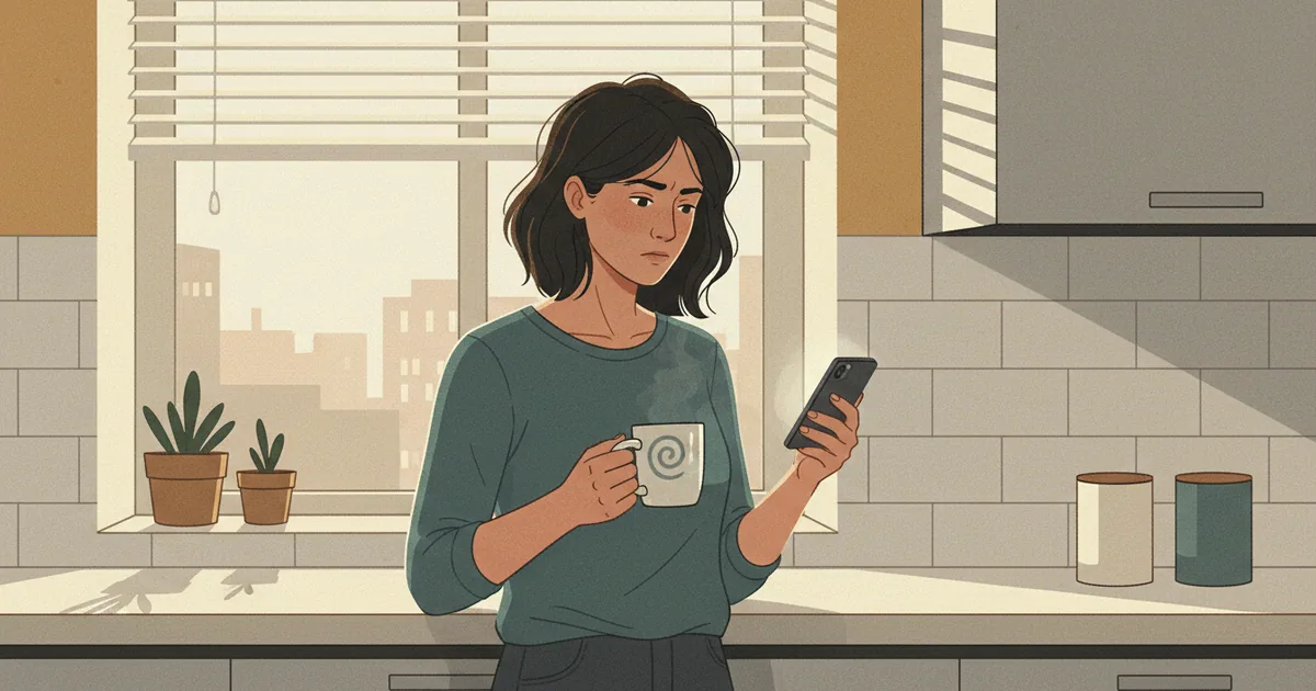 Person reviewing notifications on phone with concerned expression at kitchen counter