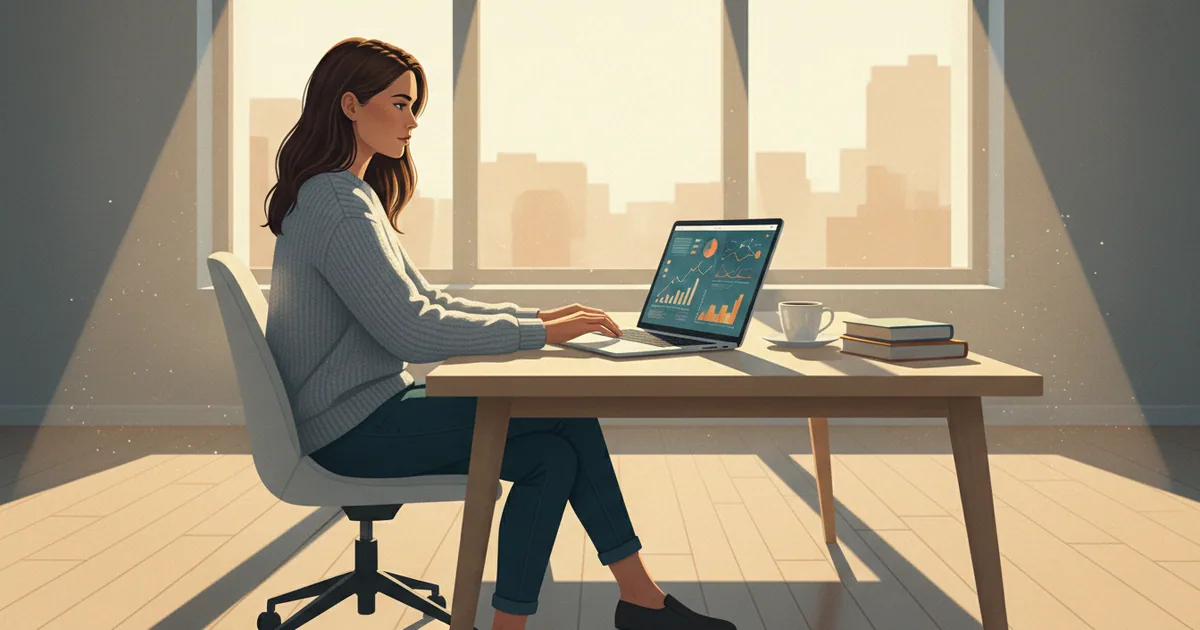 Marketing professional analyzing search data on a laptop in a modern office with warm afternoon light