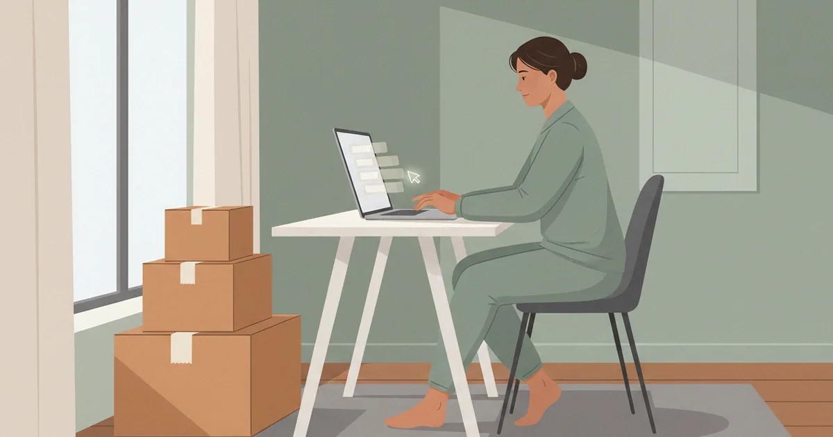 Person at laptop closing browser tabs, cardboard boxes stacked nearby in minimal workspace