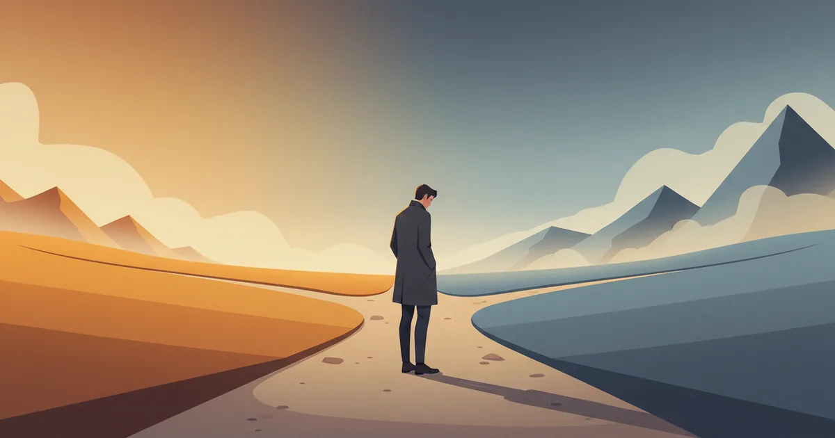 Person standing at crossroads path in minimal landscape, weighing two directions