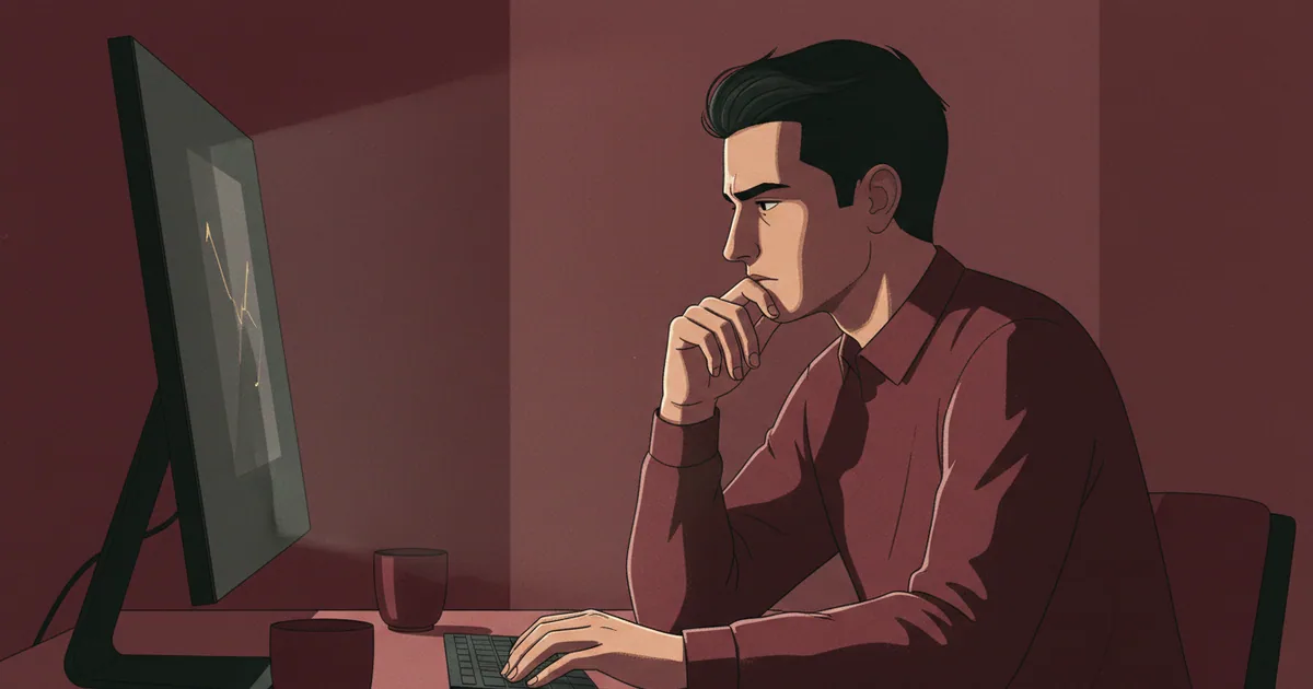 Person pausing with hand hovering over keyboard, expression of careful reconsideration