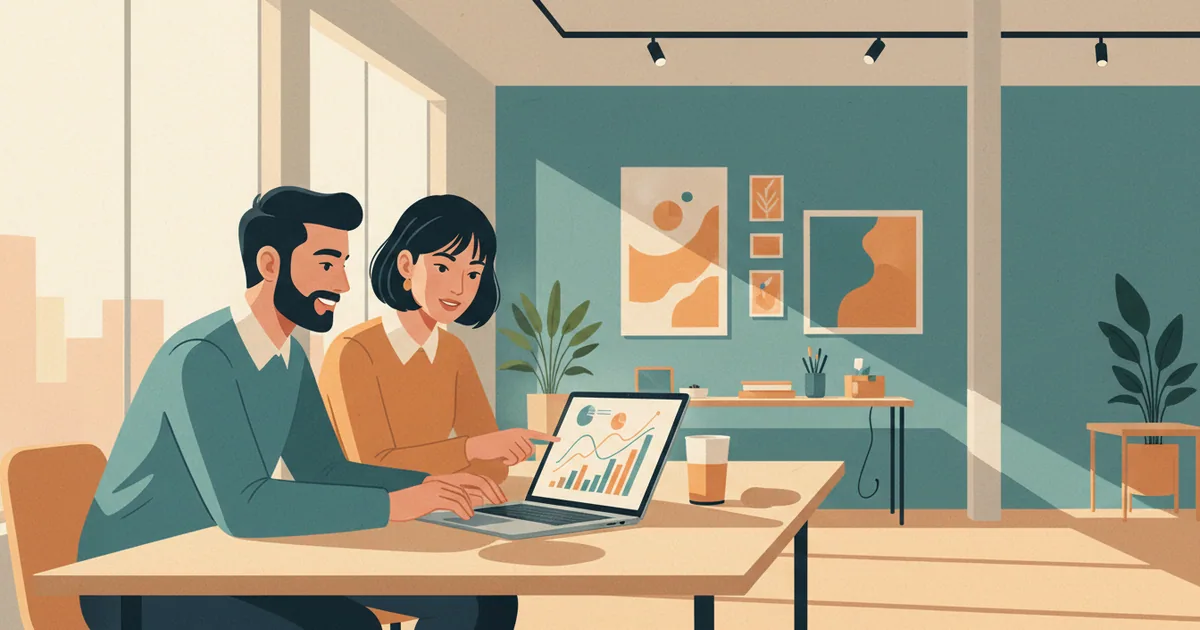 Small marketing team reviewing analytics on a laptop in a bright modern office