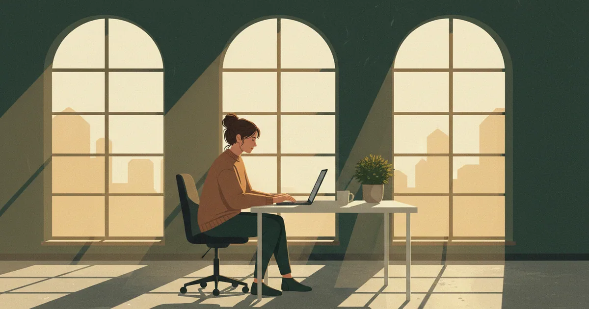 Single person working at a desk as morning light streams through windows suggesting steady long-term growth