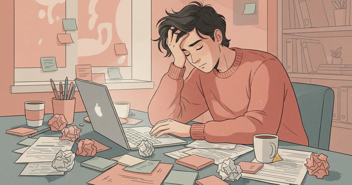Person at desk surrounded by scattered papers and sticky notes looking overwhelmed