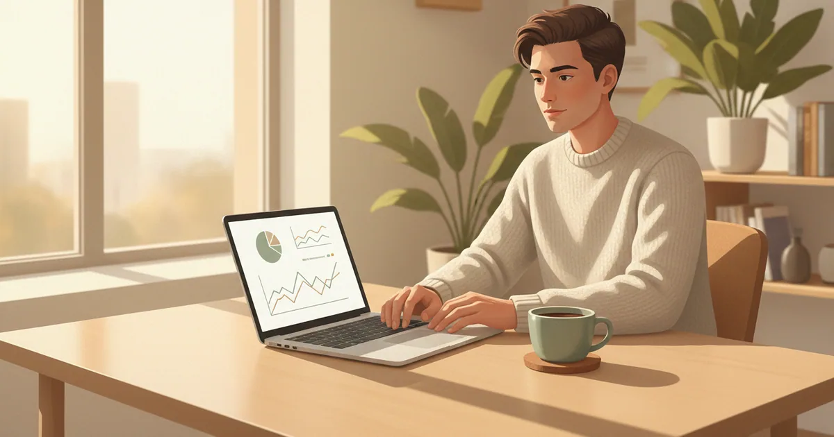 Startup founder at laptop reviewing SEO data with coffee cup nearby in morning light