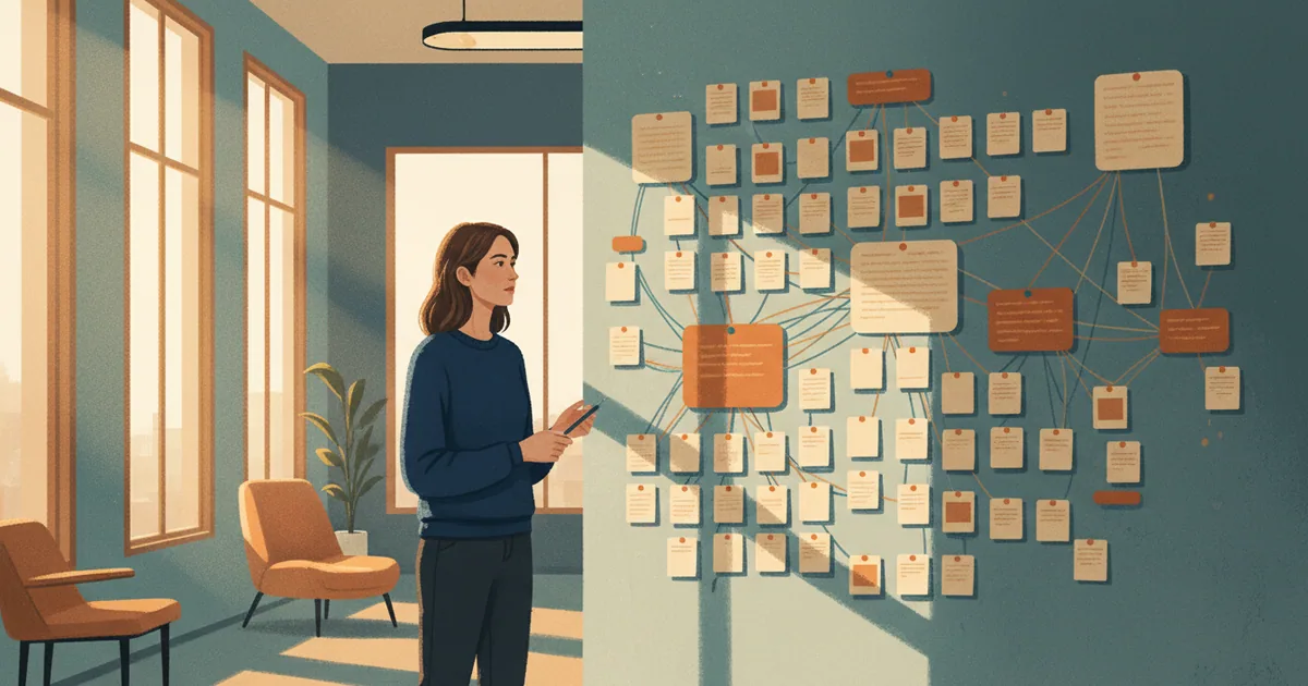 Content strategist studying a wall of organized topic clusters and search patterns