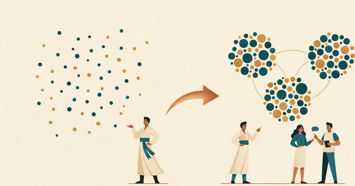Clean infographic showing the shift from single keywords to interconnected topic clusters
