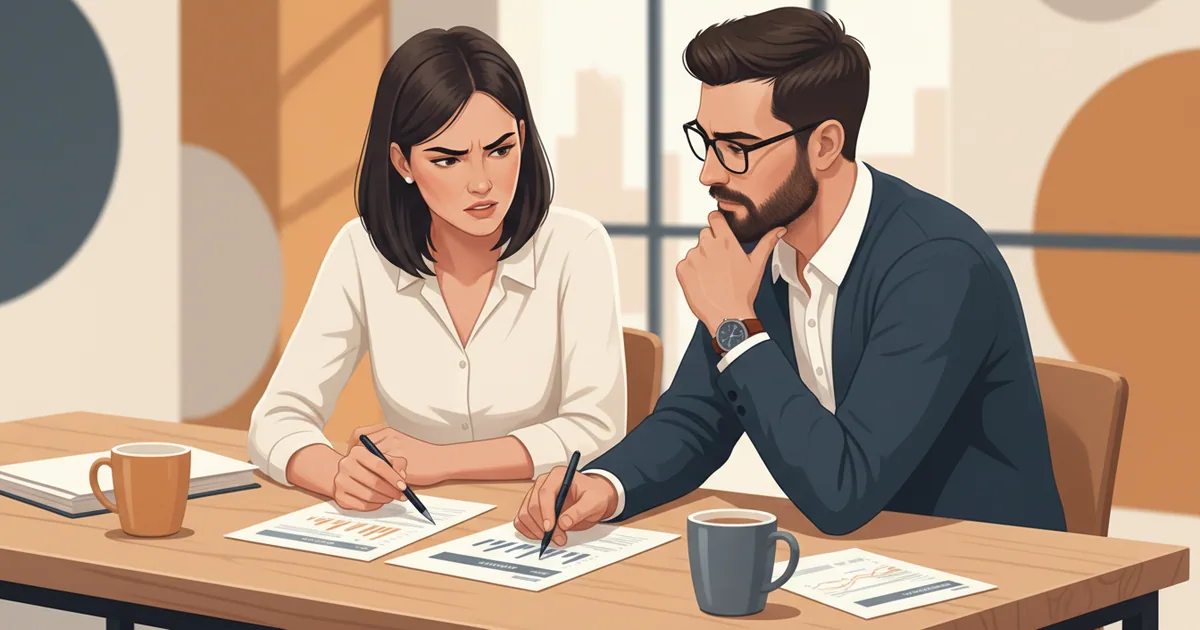 Marketing team reviewing content performance data with concerned expressions