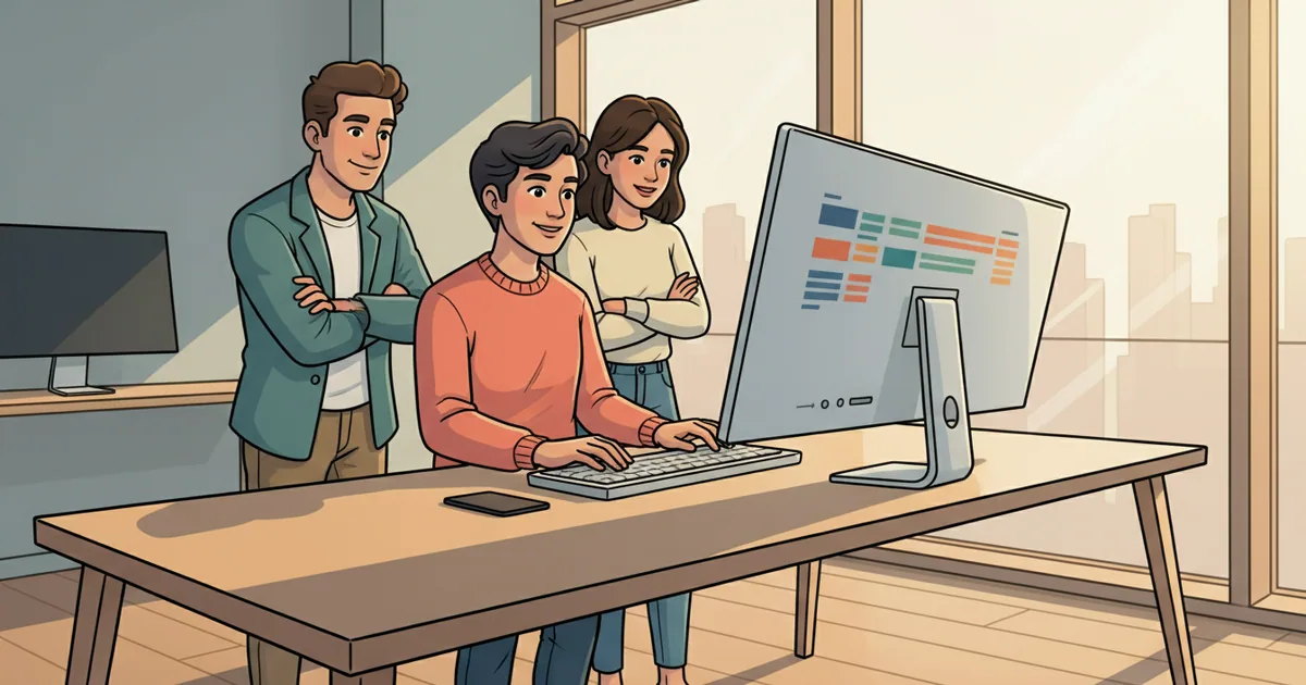Product team working together at a sleek desk with a minimal interface glowing on a large monitor