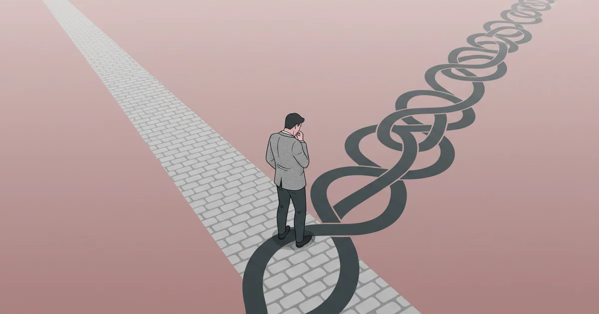 Person at a crossroads choosing between a simple path and a complex tangled route
